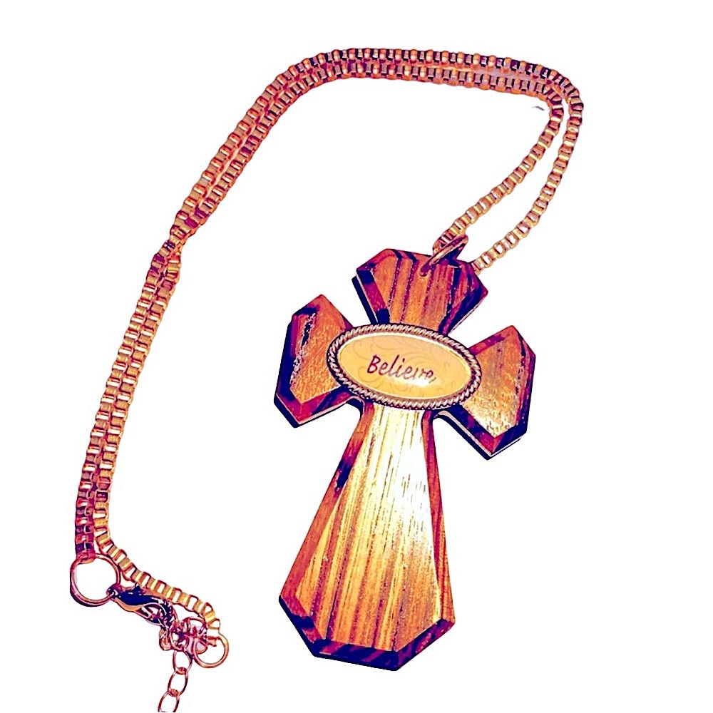 HANDCRAFTED Cross Pendant Necklace Oval Emblem “Believe” Goldtone Chain